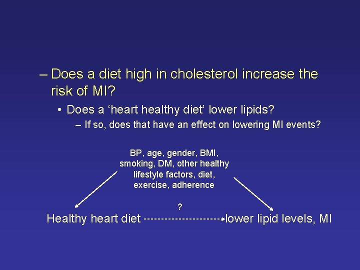 – Does a diet high in cholesterol increase the risk of MI? • Does – Does a diet high in cholesterol increase the risk of MI? • Does