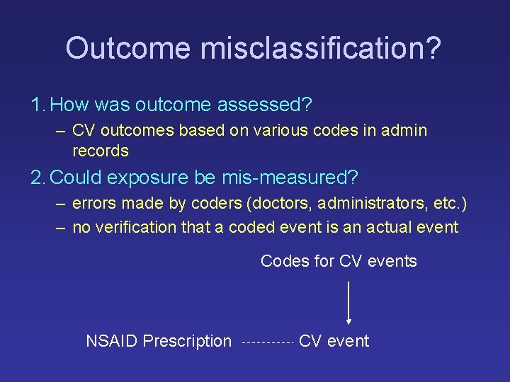 Outcome misclassification? 1. How was outcome assessed? – CV outcomes based on various codes Outcome misclassification? 1. How was outcome assessed? – CV outcomes based on various codes