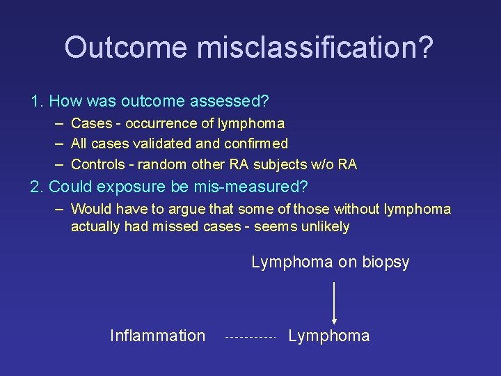 Outcome misclassification? 1. How was outcome assessed? – Cases - occurrence of lymphoma – Outcome misclassification? 1. How was outcome assessed? – Cases - occurrence of lymphoma –