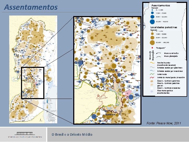 Assentamentos População Localidades palestinas População Muro de Separação “Outposts” Muro construído Muro planejado Possível