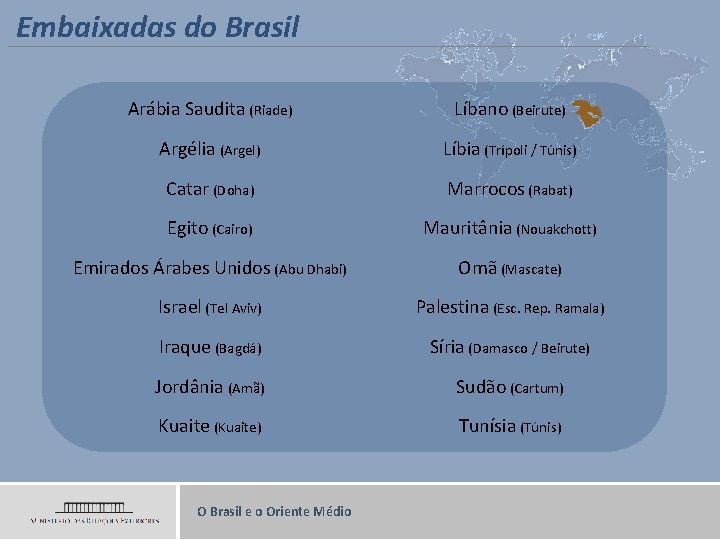 Embaixadas do Brasil Arábia Saudita (Riade) Líbano (Beirute) Argélia (Argel) Líbia (Trípoli / Túnis)