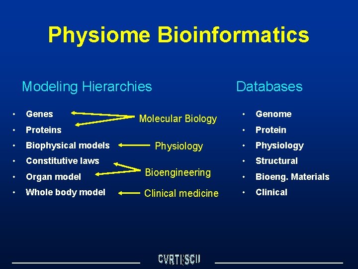 Physiome Bioinformatics Modeling Hierarchies • Genes • Proteins • Biophysical models • Constitutive laws