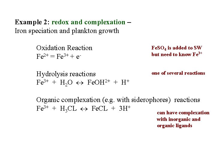 Example 2: redox and complexation – Iron speciation and plankton growth Oxidation Reaction Fe