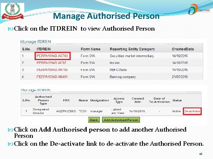 Manage Authorised Person Click on the ITDREIN to view Authorised Person Click on Add