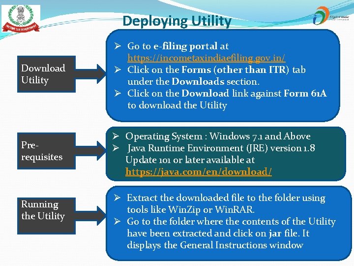 Deploying Utility Ø Go to e-filing portal at https: //incometaxindiaefiling. gov. in/ Ø Click