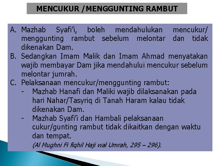 MENCUKUR /MENGGUNTING RAMBUT A. Mazhab Syafi’i, boleh mendahulukan mencukur/ menggunting rambut sebelum melontar dan