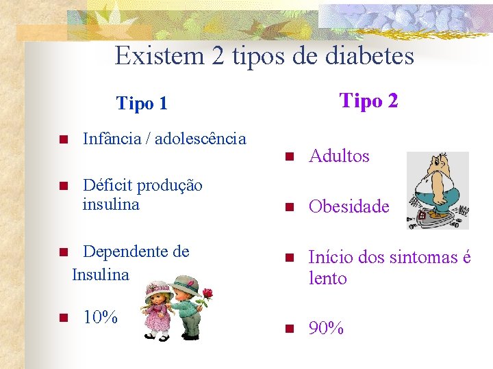 Existem 2 tipos de diabetes Tipo 2 Tipo 1 n n Infância / adolescência