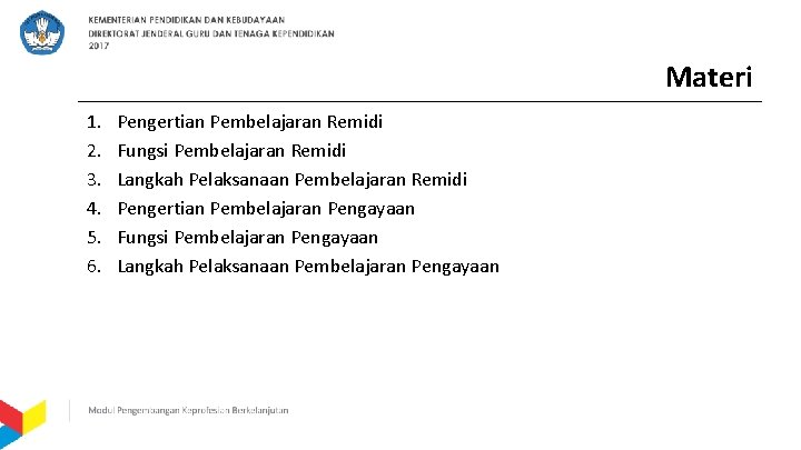 Materi 1. 2. 3. 4. 5. 6. Pengertian Pembelajaran Remidi Fungsi Pembelajaran Remidi Langkah