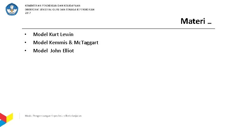 Materi … • • • Model Kurt Lewin Model Kemmis & Mc. Taggart Model