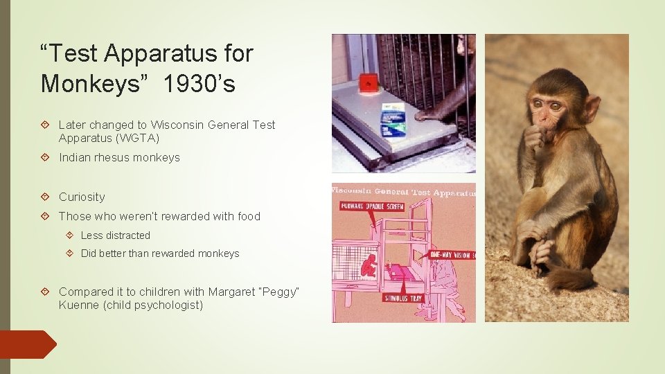 “Test Apparatus for Monkeys” 1930’s Later changed to Wisconsin General Test Apparatus (WGTA) Indian