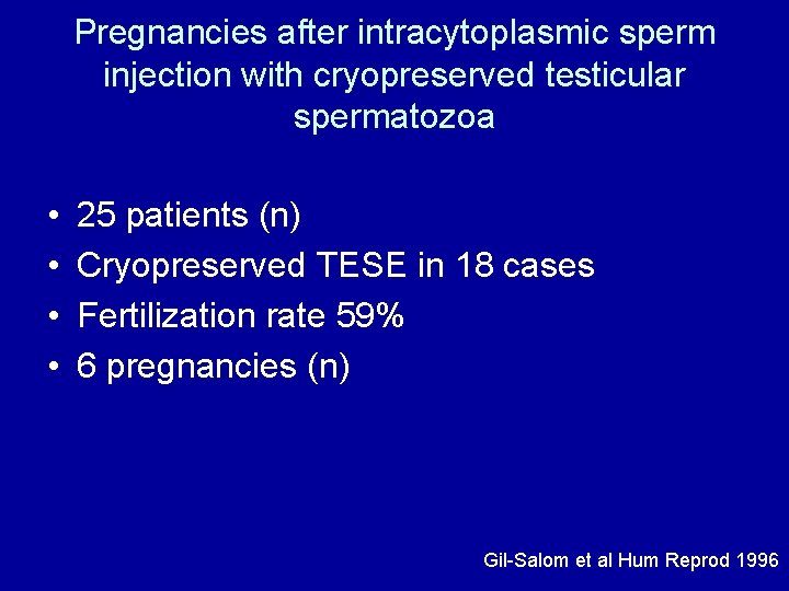 Pregnancies after intracytoplasmic sperm injection with cryopreserved testicular spermatozoa • • 25 patients (n)