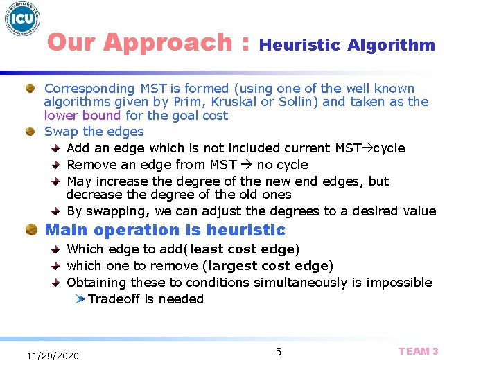 Our Approach : Heuristic Algorithm Corresponding MST is formed (using one of the well