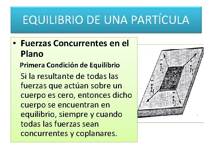 EQUILIBRIO DE UNA PARTÍCULA • Fuerzas Concurrentes en el Plano Primera Condición de Equilibrio