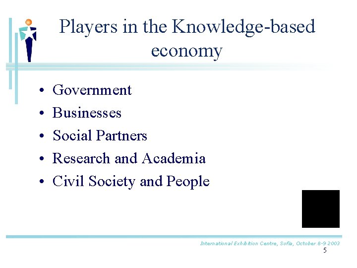 Players in the Knowledge-based economy • • • Government Businesses Social Partners Research and