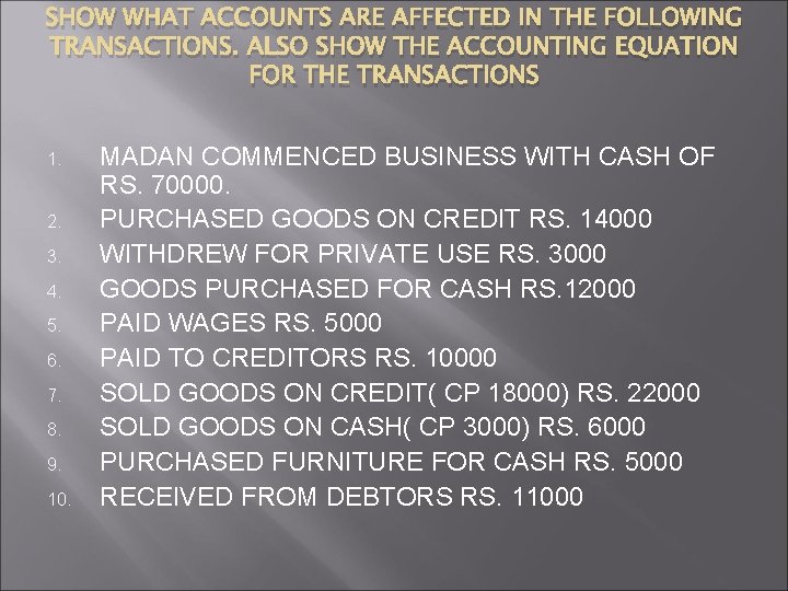 SHOW WHAT ACCOUNTS ARE AFFECTED IN THE FOLLOWING TRANSACTIONS. ALSO SHOW THE ACCOUNTING EQUATION