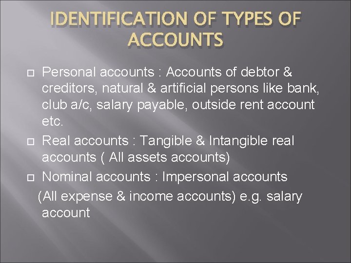 IDENTIFICATION OF TYPES OF ACCOUNTS Personal accounts : Accounts of debtor & creditors, natural