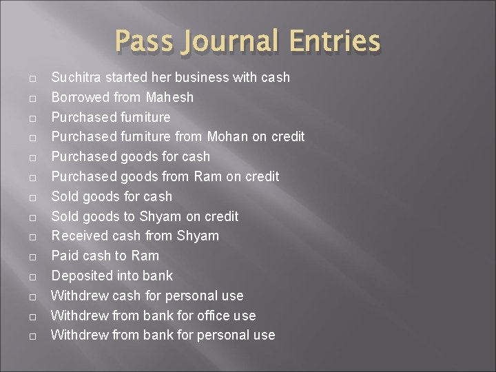 Pass Journal Entries Suchitra started her business with cash Borrowed from Mahesh Purchased furniture