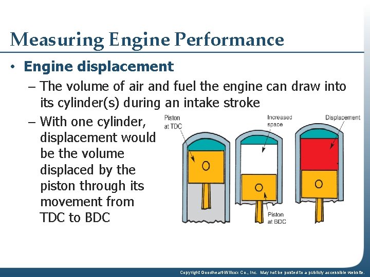 Measuring Engine Performance • Engine displacement – The volume of air and fuel the