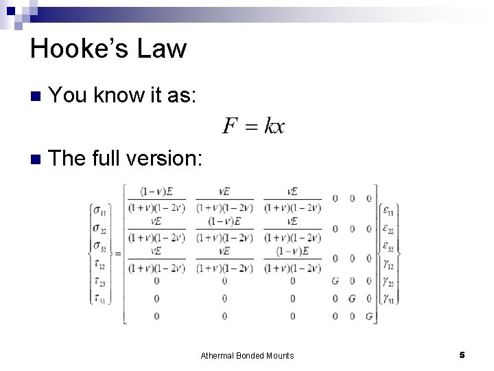 Hooke’s Law n You know it as: n The full version: Athermal Bonded Mounts