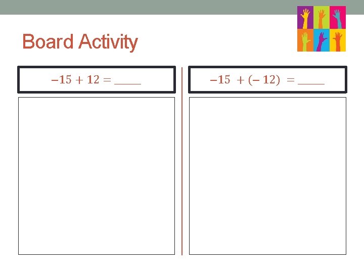 Board Activity ‒ 15 + 12 = ______ ‒ 15 + (‒ 12) =