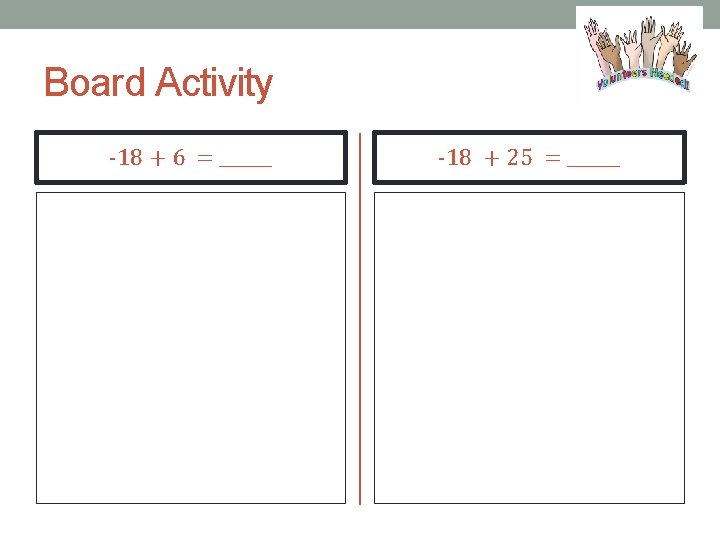 Board Activity -18 + 6 = ______ -18 + 25 = ______ 