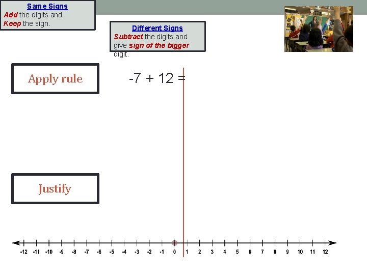 Same Signs Add the digits and Keep the sign. Apply rule Justify Different Signs