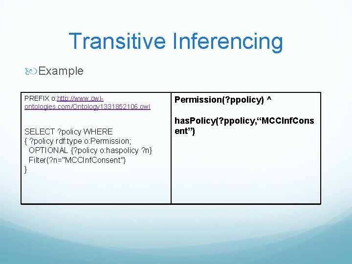 Transitive Inferencing Example PREFIX o: http: //www. owlontologies. com/Ontology 1331852106. owl SELECT ? policy