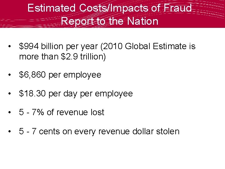 Estimated Costs/Impacts of Fraud Report to the Nation • $994 billion per year (2010