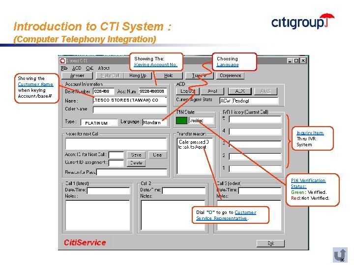 Introduction to CTI System : (Computer Telephony Integration) Showing The: Keying Account No. Showing