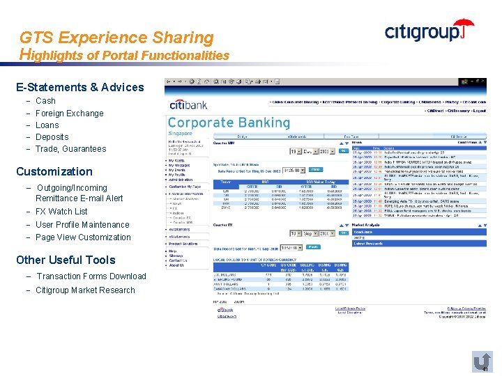 GTS Experience Sharing Highlights of Portal Functionalities E-Statements & Advices - Cash Foreign Exchange