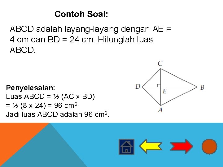 Contoh Soal: ABCD adalah layang-layang dengan AE = 4 cm dan BD = 24