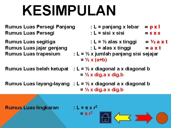 KESIMPULAN Rumus Luas Persegi Panjang Rumus Luas Persegi : L = panjang x lebar