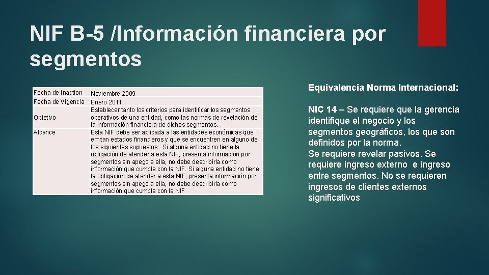 NIF B-5 /Información financiera por segmentos Fecha de Inaction Fecha de Vigencia Objetivo Alcance