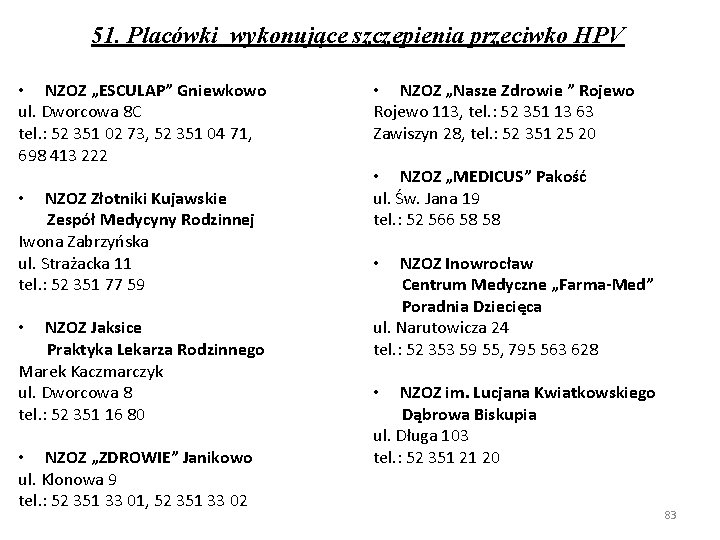 51. Placówki wykonujące szczepienia przeciwko HPV • NZOZ „ESCULAP” Gniewkowo ul. Dworcowa 8 C