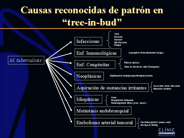 Causas reconocidas de patrón en “tree-in-bud” Infecciosas Virus Bacterias Parásitos Micobacterias Hongos Enf. Inmunológicas