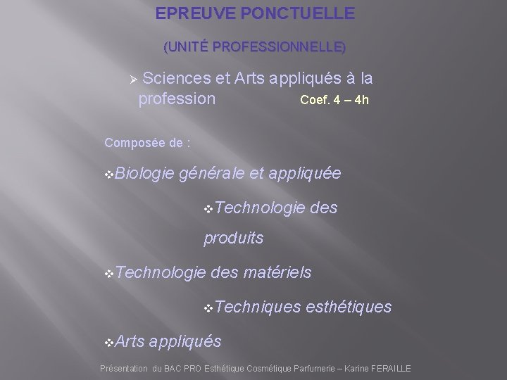 EPREUVE PONCTUELLE (UNITÉ PROFESSIONNELLE) Sciences et Arts appliqués à la profession Coef. 4 –