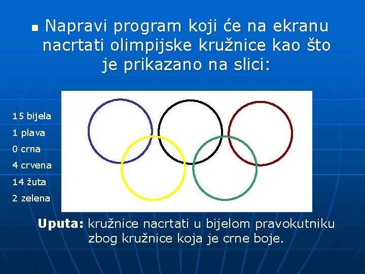 n Napravi program koji će na ekranu nacrtati olimpijske kružnice kao što je prikazano