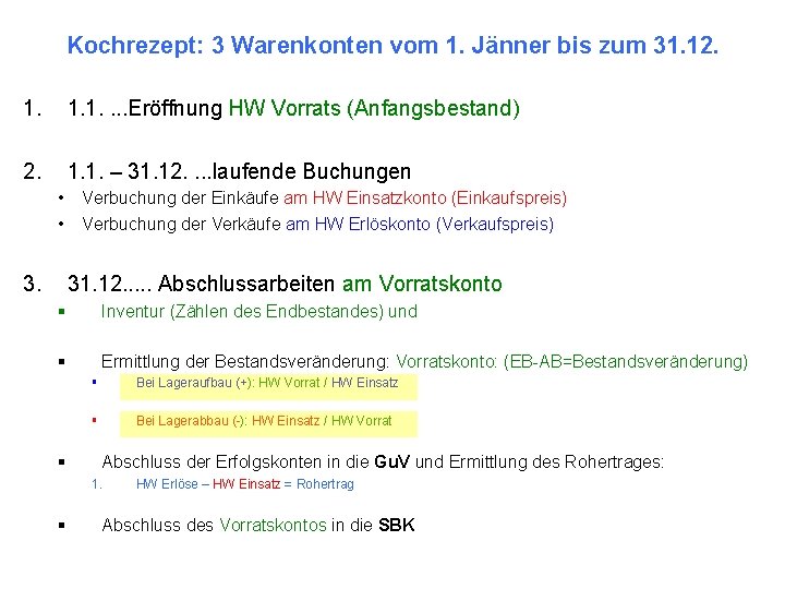 Kochrezept: 3 Warenkonten vom 1. Jänner bis zum 31. 12. 1. 1. . Eröffnung