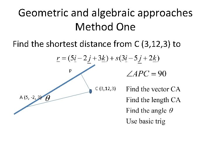 Geometric and algebraic approaches Method One Find the shortest distance from C (3, 12,