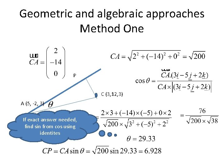 Geometric and algebraic approaches Method One P C (3, 12, 3) A (5, -2,