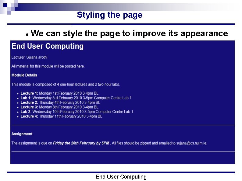 Styling the page We can style the page to improve its appearance End User