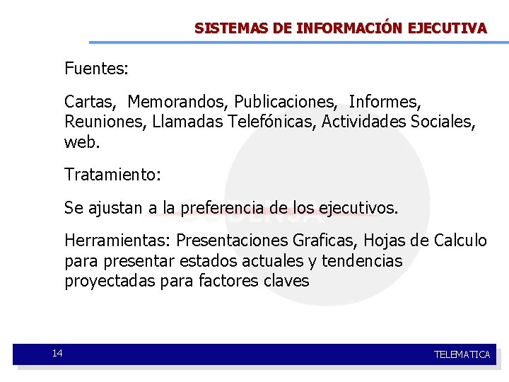 SISTEMAS DE INFORMACIÓN EJECUTIVA Fuentes: Cartas, Memorandos, Publicaciones, Informes, Reuniones, Llamadas Telefónicas, Actividades Sociales,