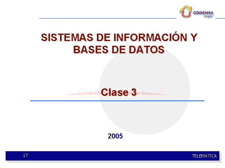 SISTEMAS DE INFORMACIÓN Y BASES DE DATOS Clase 3 2005 17 TELEMATICA 