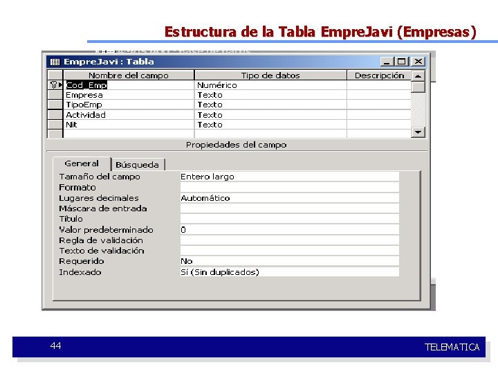 Estructura de la Tabla Empre. Javi (Empresas) 44 TELEMATICA 