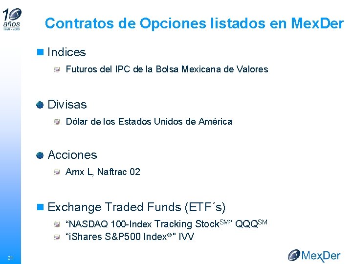 Contratos de Opciones listados en Mex. Der n Indices Futuros del IPC de la