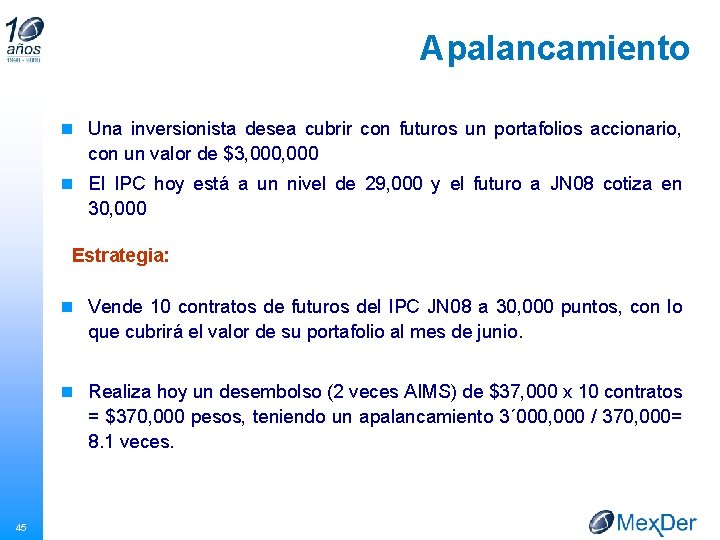 Apalancamiento n Una inversionista desea cubrir con futuros un portafolios accionario, con un valor