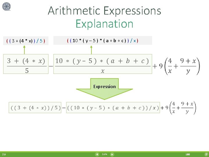 Arithmetic Expressions Explanation • ( ( 3 + (4 * x) ) / 5