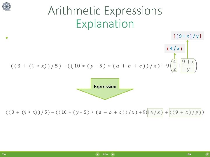 Arithmetic Expressions Explanation ( ( 9 + x ) / y ) • (