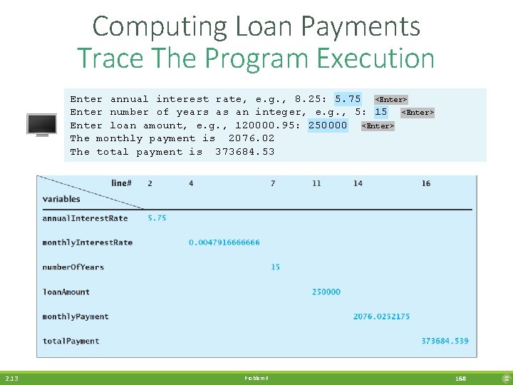 Computing Loan Payments Trace The Program Execution Enter annual interest rate, e. g. ,
