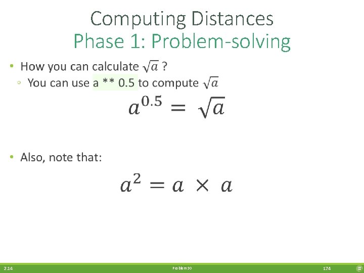 Computing Distances Phase 1: Problem-solving • 2. 14 Problem 10 174 